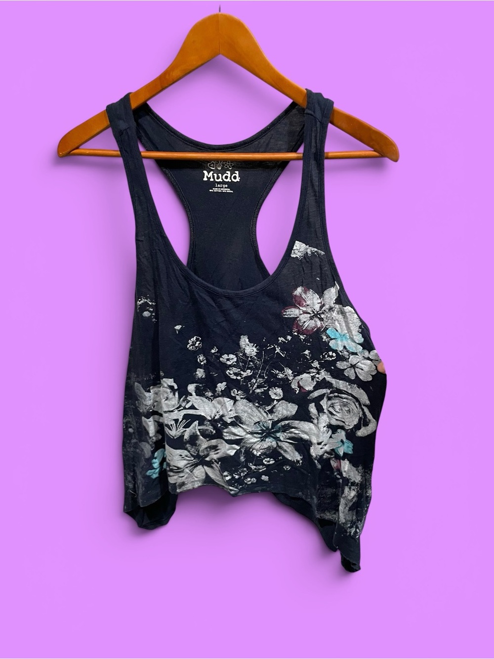 Cute Y2K floral navy handkerchief hem muscle tank top Mudd crop